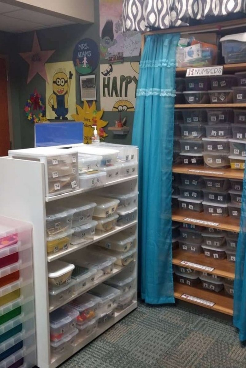 Structured autistic support classroom with labeled work bins