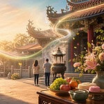 晨光映照傳統宮廟與整潔供桌，香煙隨季節感光影延伸，呈現年度祈福與安定心願的氛圍。