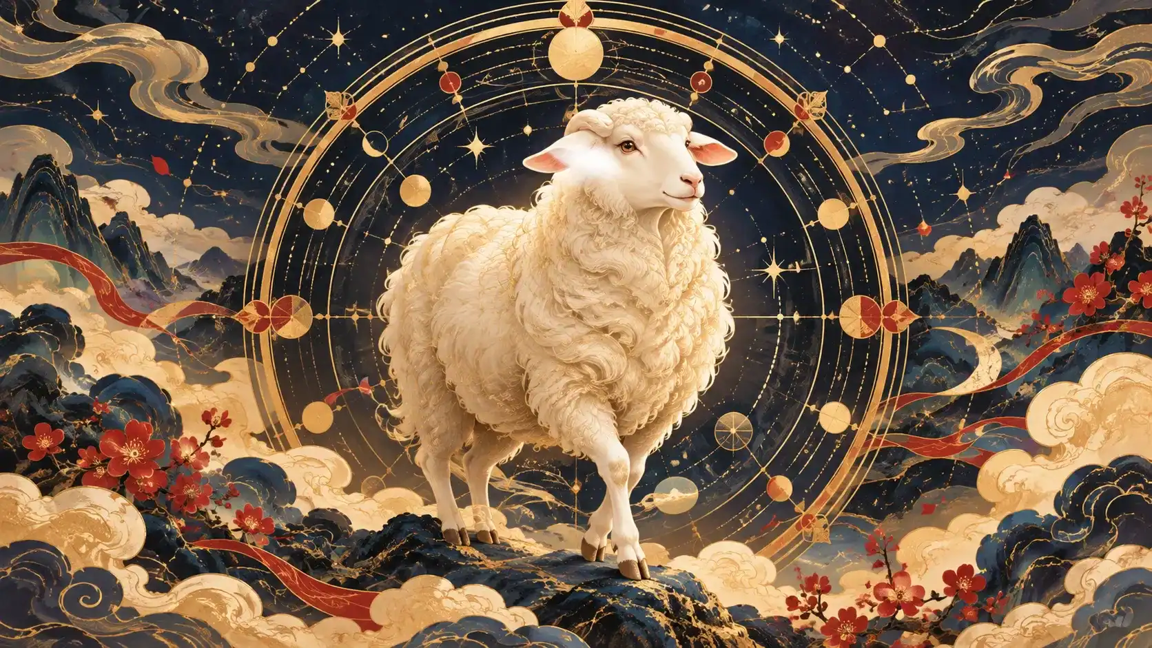 2027丁未羊年十二生肖運勢主題插畫：白羊站在深藍與金色的環形星象背景前