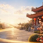 晨光中的兩座傳統東方廟宇以柔和光帶相連，搭配梅花與安靜參道，呈現跨廟祈福前先釐清流程的平和意象。