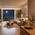 中秋夜的現代亞洲居家客廳，月光與暖色燈光照亮整潔通暢的生活空間。
