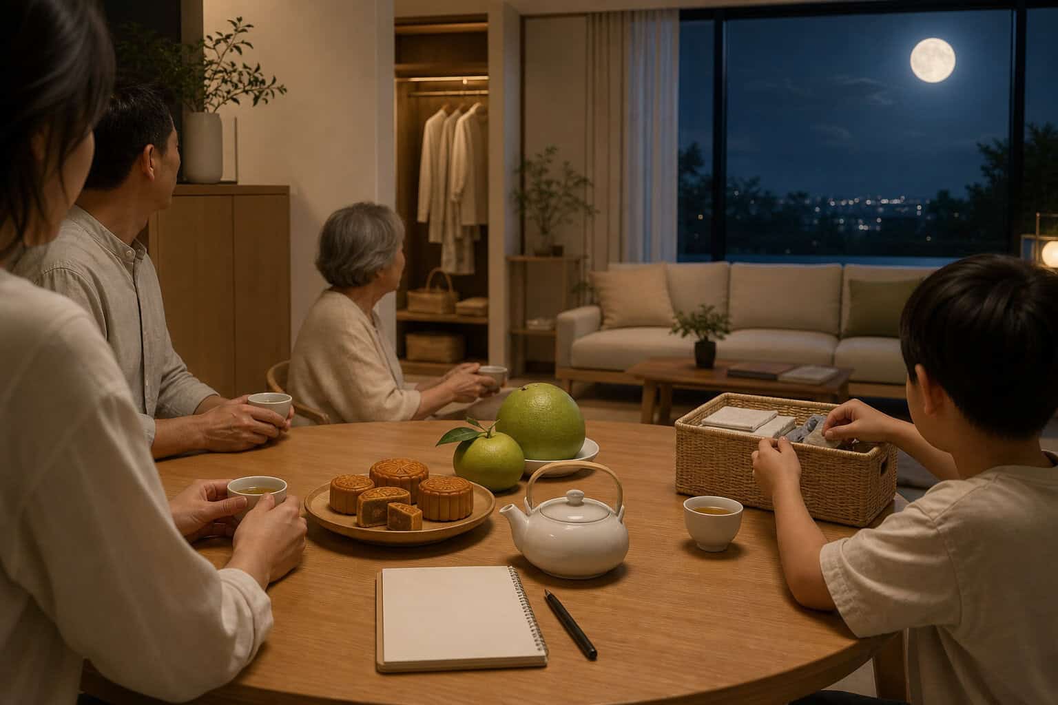 中秋月夜裡,現代家庭在整潔客廳共餐賞月,桌上有柚子、月餅、茶具與空白筆記頁。