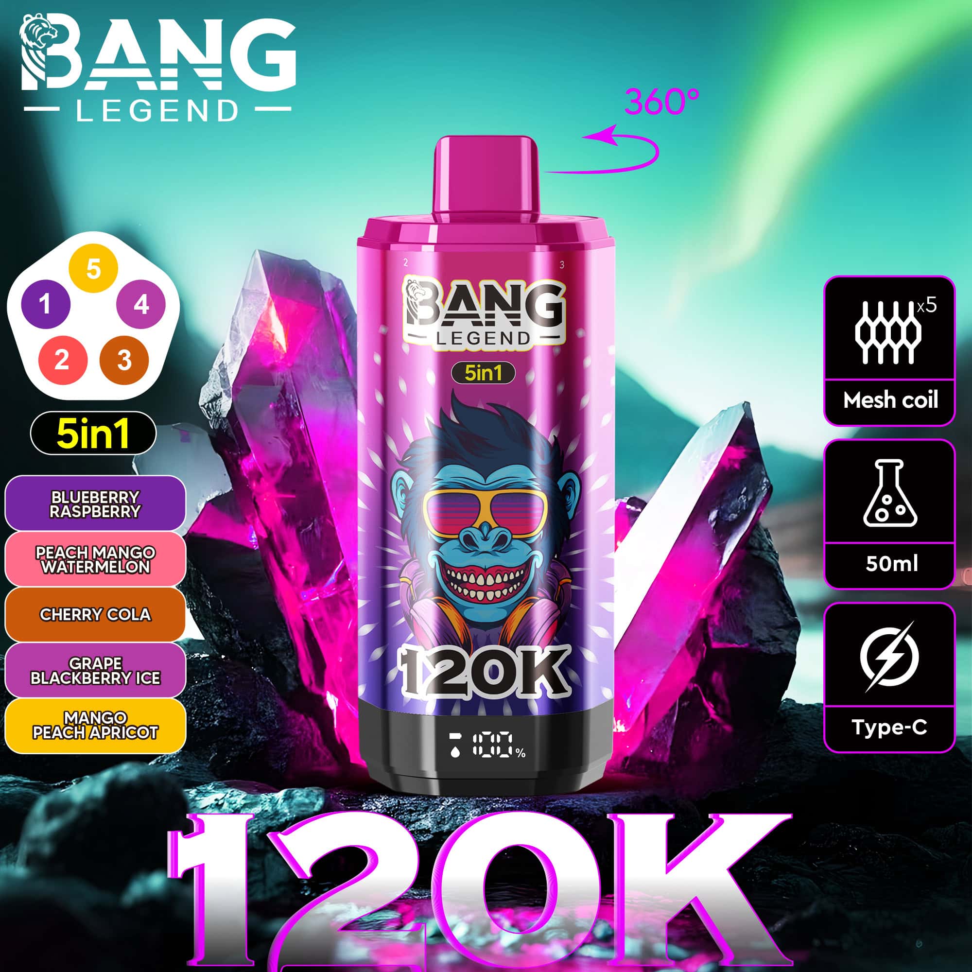 Bang Legend 120K Blueberry Raspberry/Black Dragon Ice/Rainbow Candy/Fuji Ice/Watermelon Sour Peach