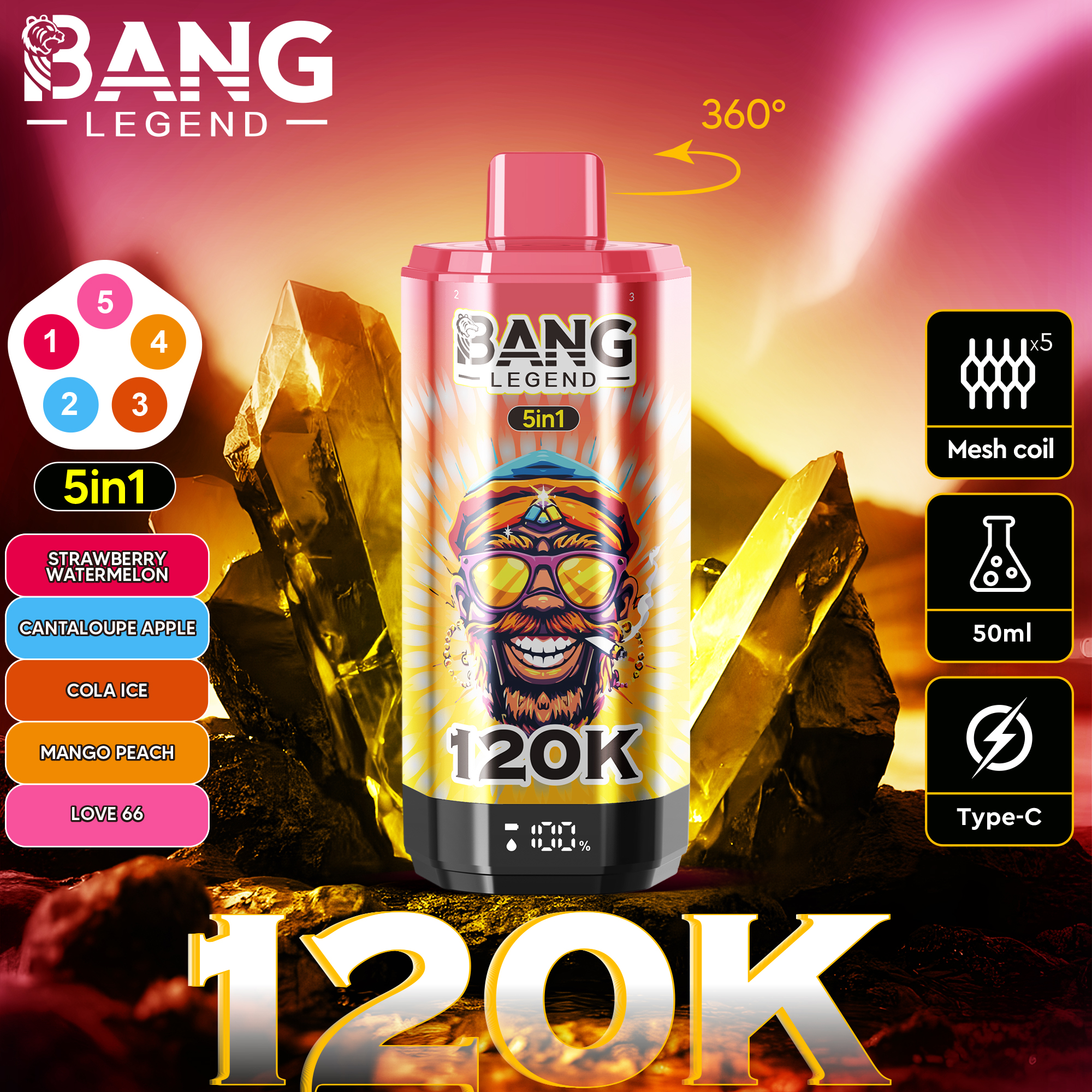 Bang Legend 120K Strawberry Watermelon/Cantaloupe Apple/Cola Ice/Mango Peach/Love 66