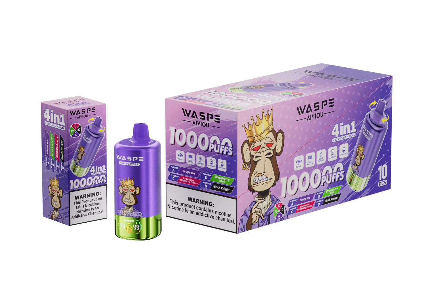 WASPE 4-in-1 100000 Grape Ice/Strawberry Kiwi/Strawberry Raspberry Cherry/Black Knight