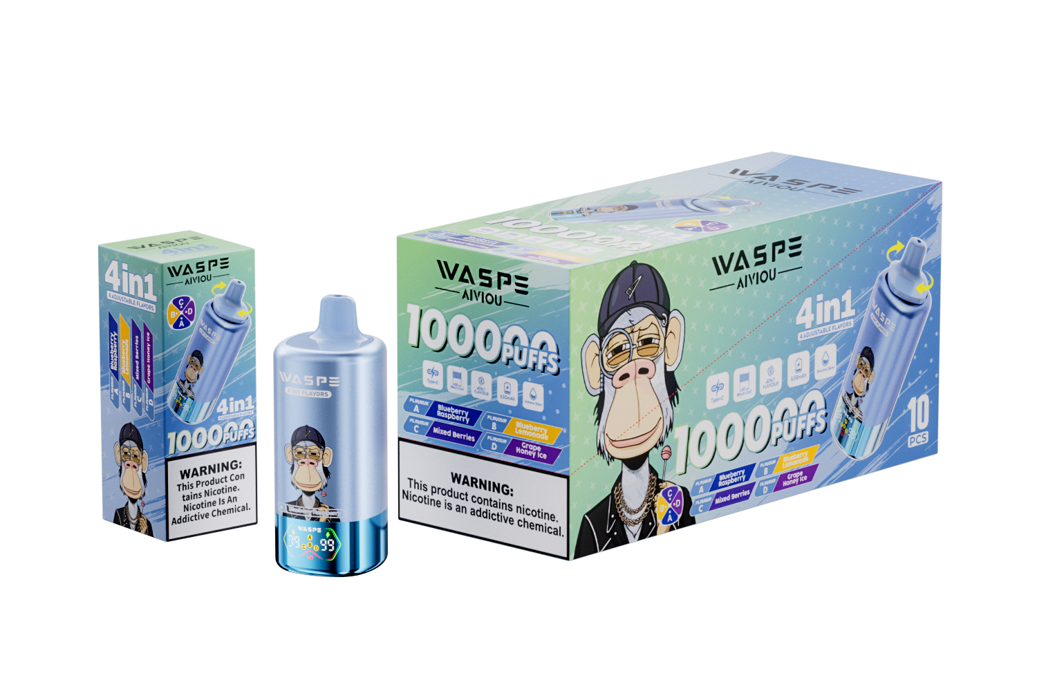 WASPE 4-in-1 100000 Blueberry Raspberry/Blueberry Lemonade/Mixed Berries/Grape Honey Ice