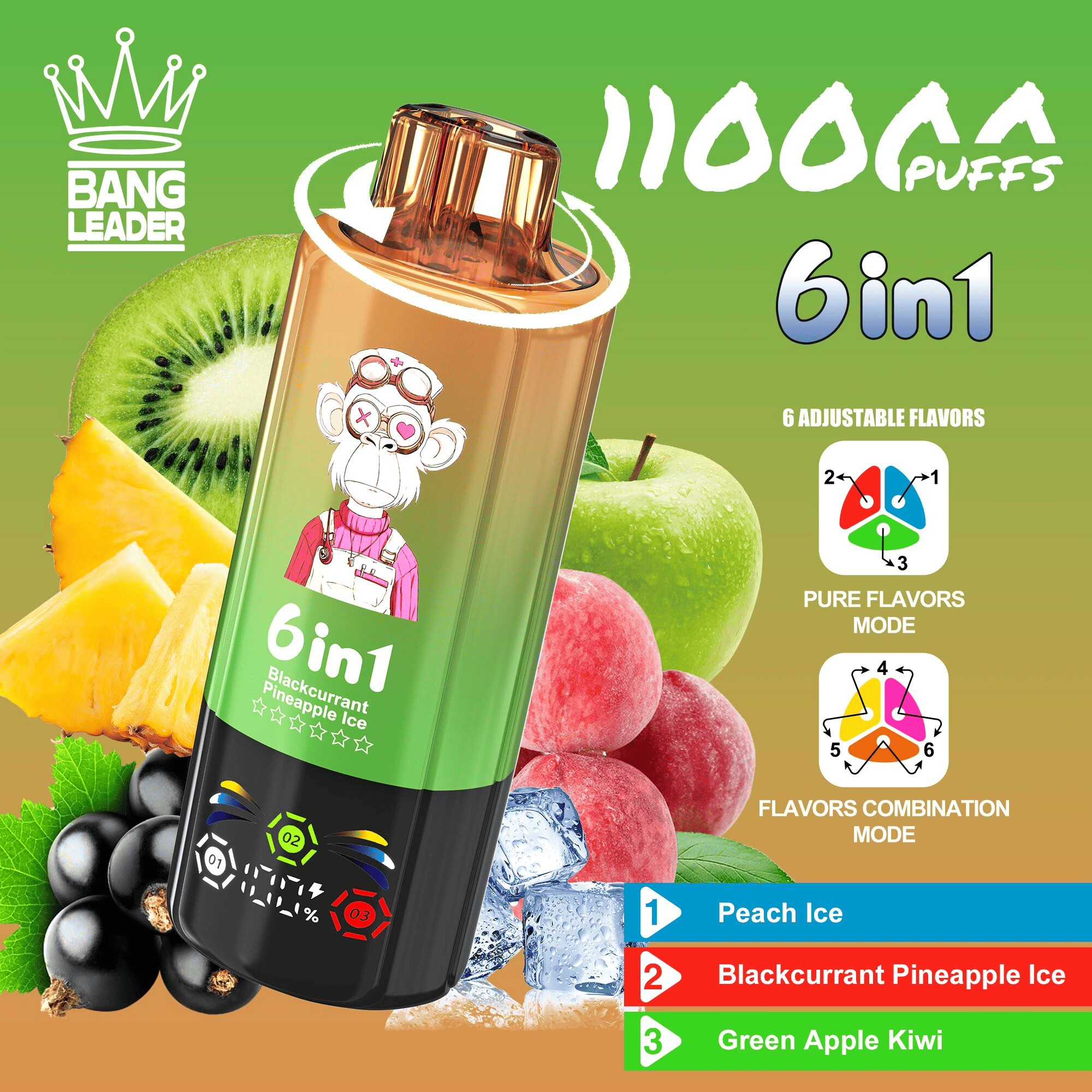 Bang Leader 110k Peach Ice/Blackcurrant Pineapple Ice/Green Apple Kiwi