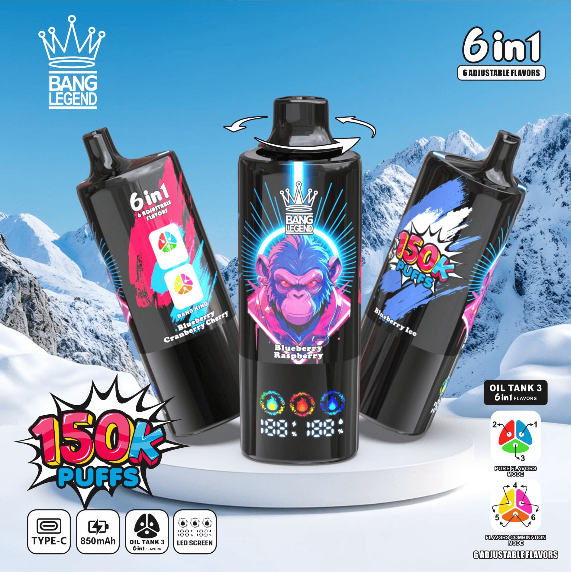 Bang Legend 150k Blueberry Ice/Blueberry Raspberry/Blueberry Cranberry Cherry