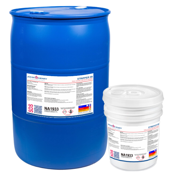 Two labeled containers: a large blue drum and a smaller white pail, both identified as "stripper-99-Drum-Pail" industrial product.