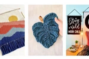 Colorful woven wall hanging featuring sunset and mountain motifs, textured fringe detail.