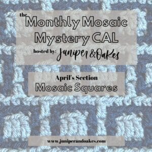 Crochet mosaic blanket with blue and white yarn by Juniper & Oakes.
