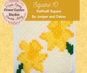 Daffodil Square crochet pattern featuring yellow daffodils with green leaves on a white background.