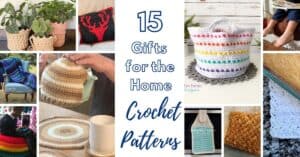 Colorful crochet basket, blanket, and decor items for cozy home accents.