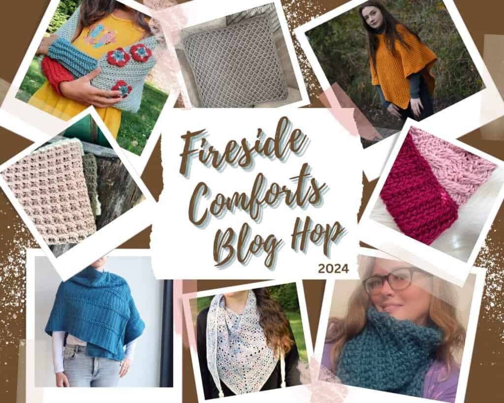 The Porch 'n Picnic crochet pom pom blanket is part of the 2024 Fireside Comforts Blog Hop, along with 30 other beautiful, cozy designs, some pictured here