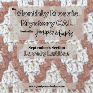 Crochet mosaic blanket with beige and rust yarns by Juniper & Oakes.
