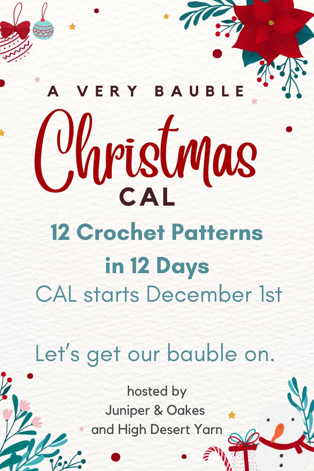 Festive crochet Christmas bauble with red poinsettia and holly accents.