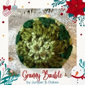Handmade granny square Christmas ornament in green and gold yarn.