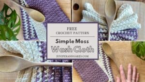 Handmade moss stitch wash cloth with wooden spoon and greenery.