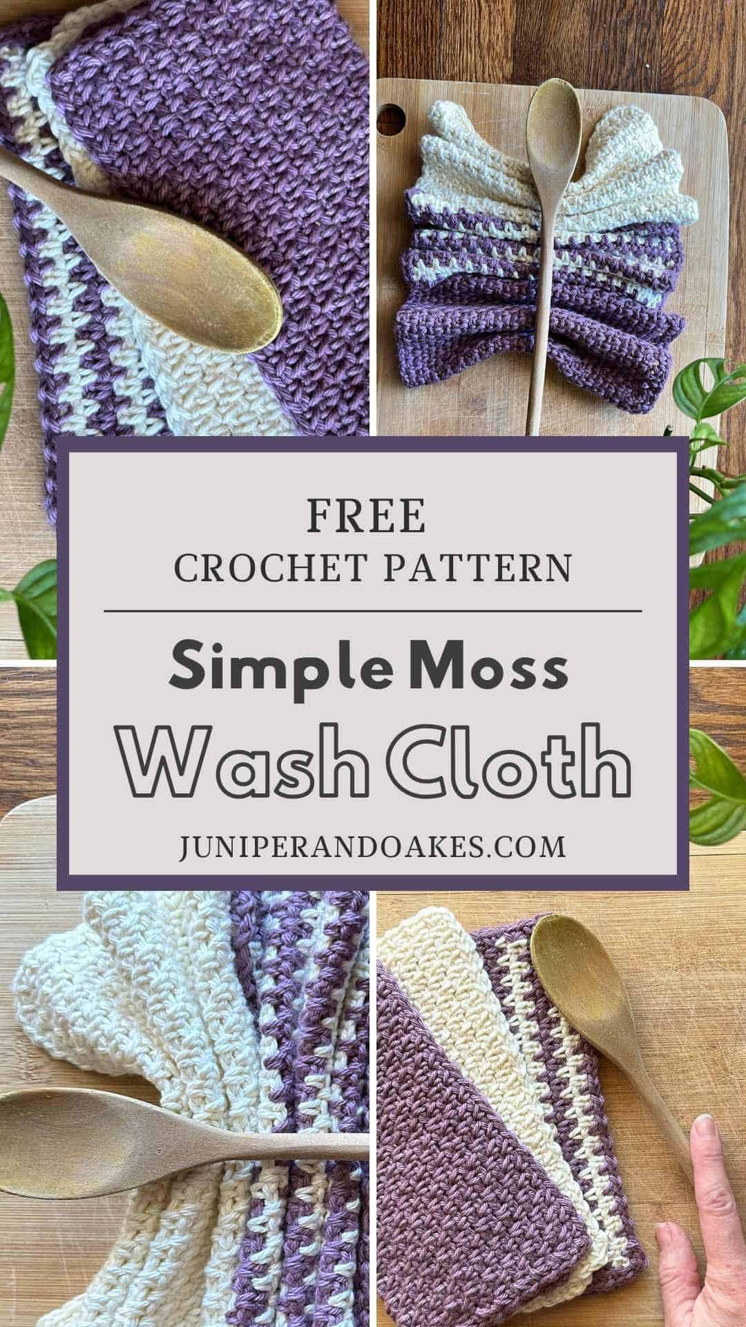 Handmade moss stitch crochet washcloth in purple and cream colors.