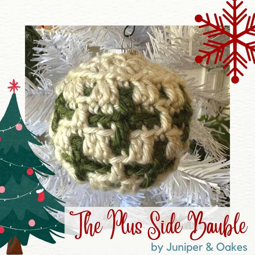 Crochet Christmas ornament with green and cream yarn, perfect for holiday decor.