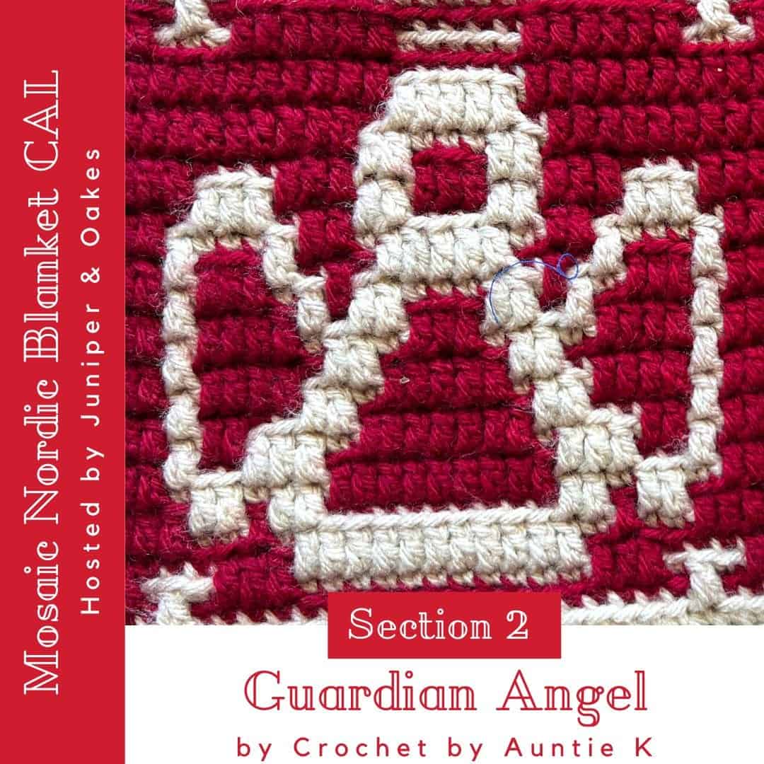 Close-up of crochet overlay mosaic pattern with cream and red yarns.
