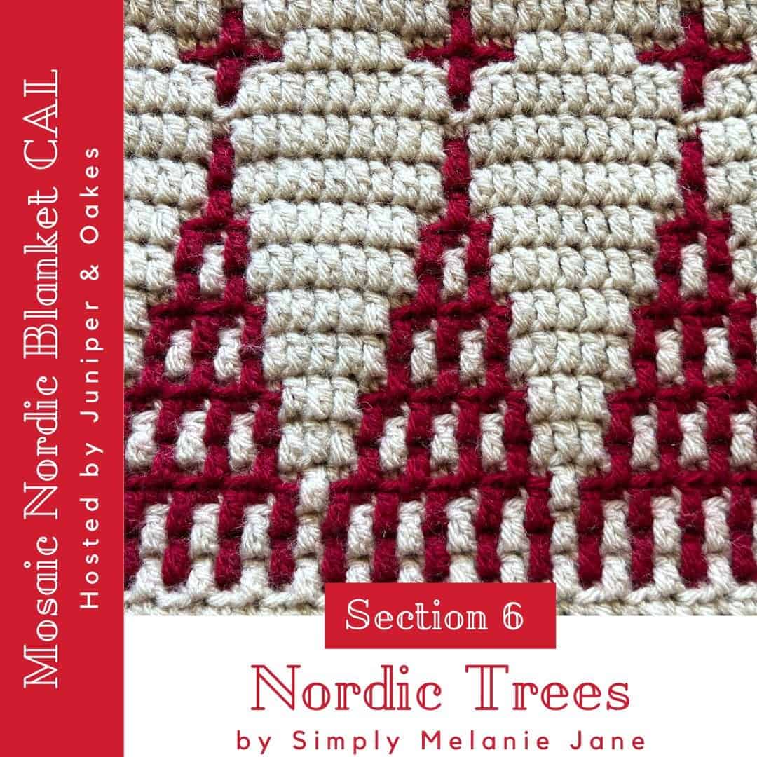Detailed mosaic crochet chart for Nordic blanket with juniper and oak motifs.