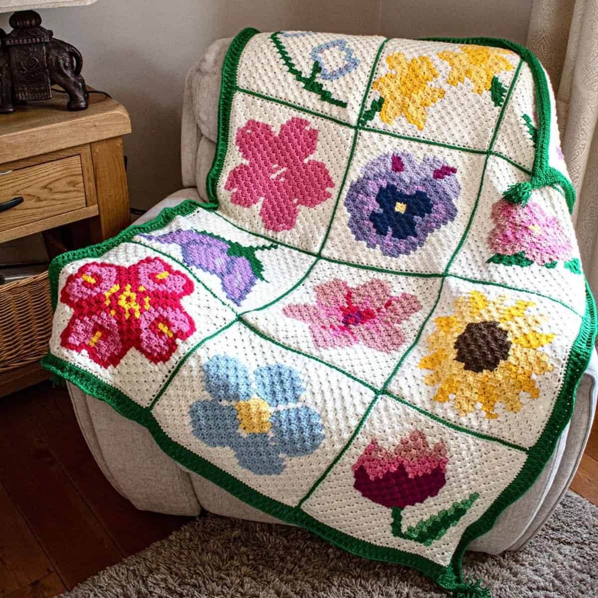 Colorful crochet blanket with floral patterns on a cozy armchair.
