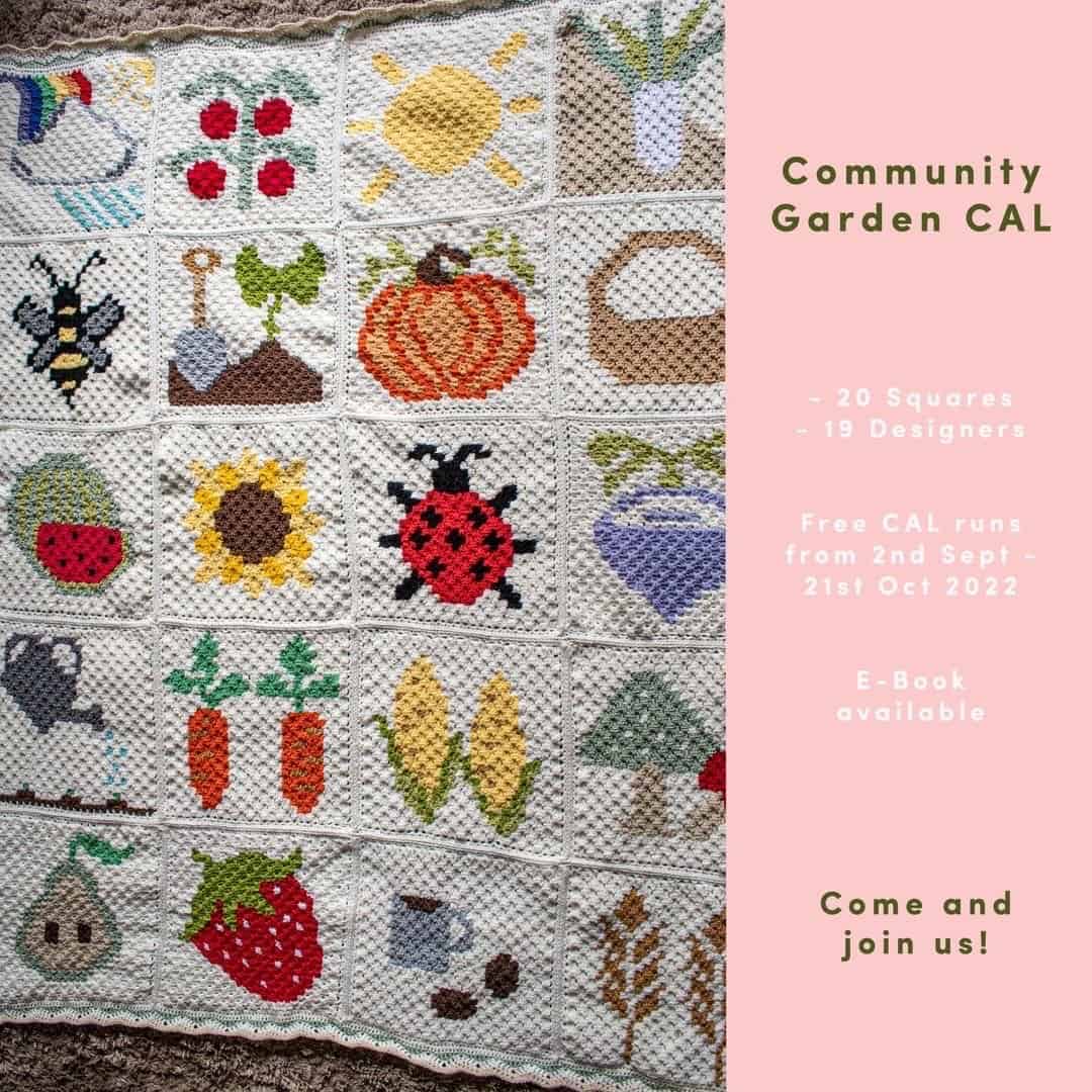 Colorful crochet square featuring planting and garden motifs.