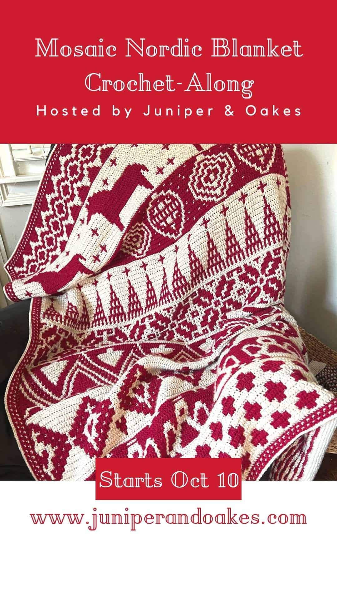 Close-up of crochet overlay mosaic pattern using red and cream yarns with a crochet hook.