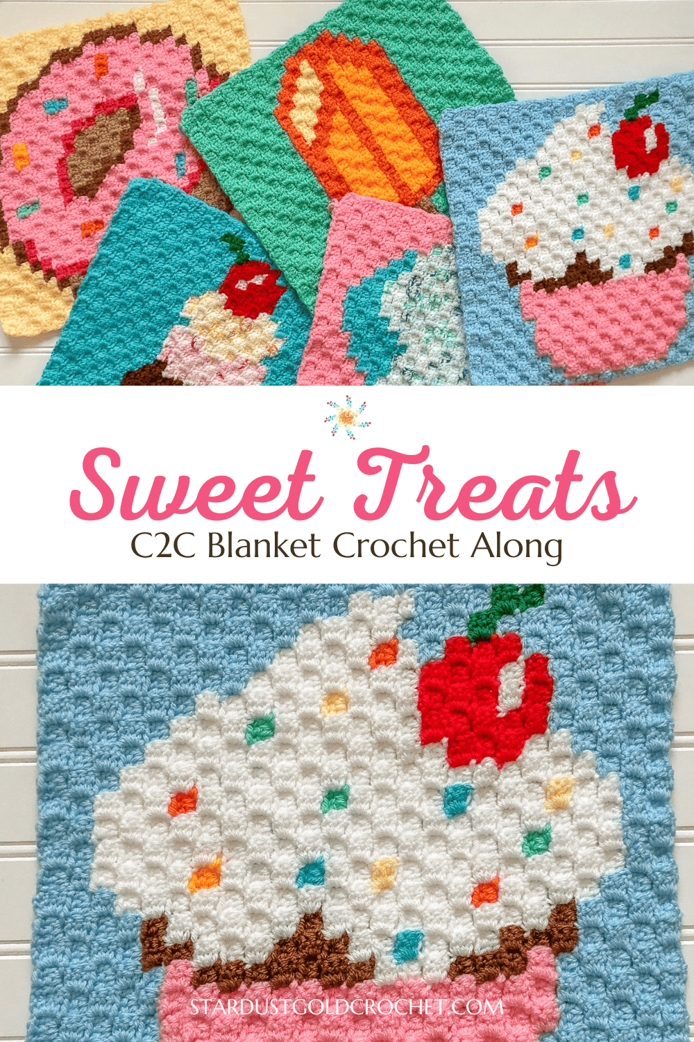 Vibrant mosaic crochet Afghan featuring cupcakes, donuts, and ice cream treats.