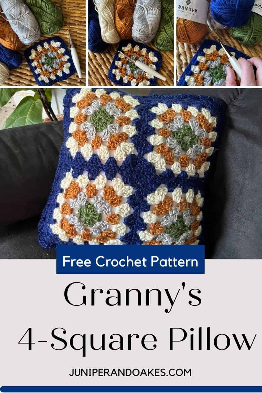 Crochet granny square pillow with colorful yarns, perfect for home decor and relaxing projects.