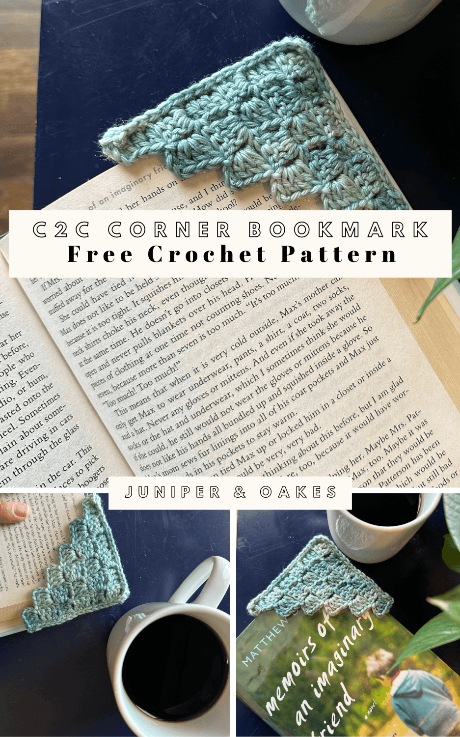 Handmade crochet pattern for Juniper & Oakes with cozy blue yarn detail.
