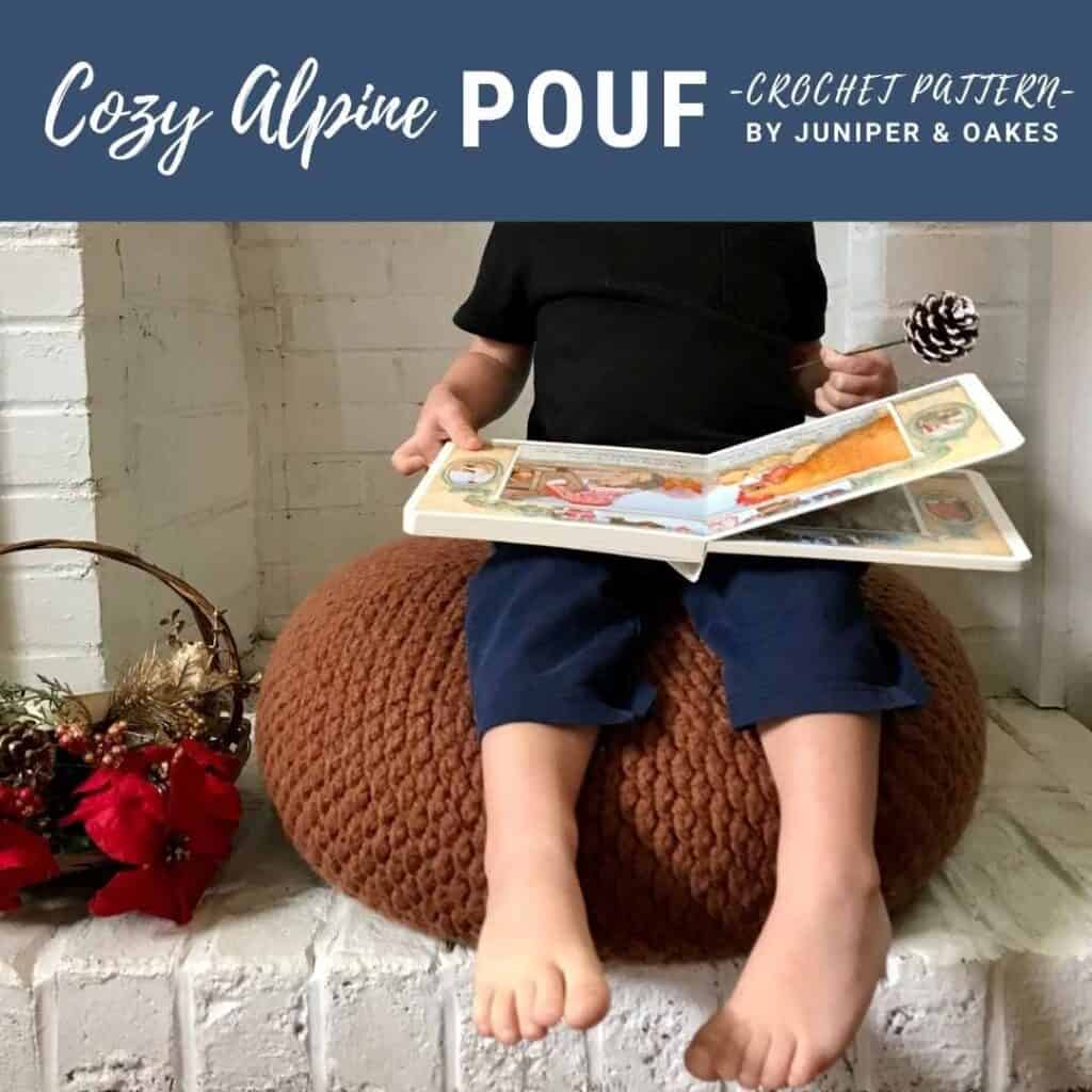 Alpine crochet pouf for cozy home decor, perfect for relaxing spaces and children’s rooms.