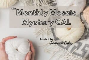 Yarn balls and knitting supplies for Monthly Mosaic Mystery CAL by Juniper & Oakes.