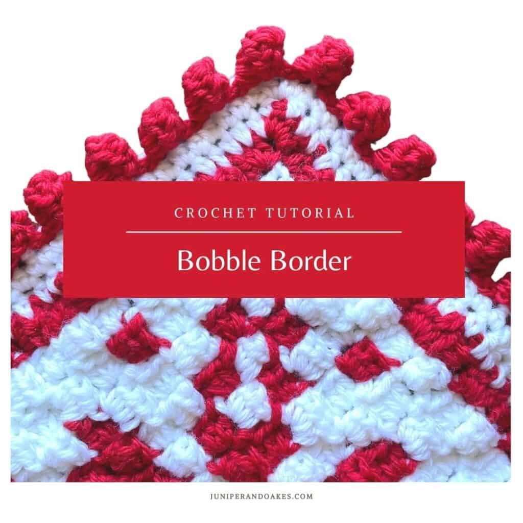 Crochet tutorial for a decorative bobble border in red and white yarn.