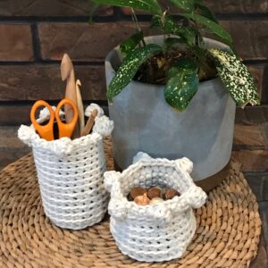 Decorative potted plant with knitted baskets holding coins and stationery items.