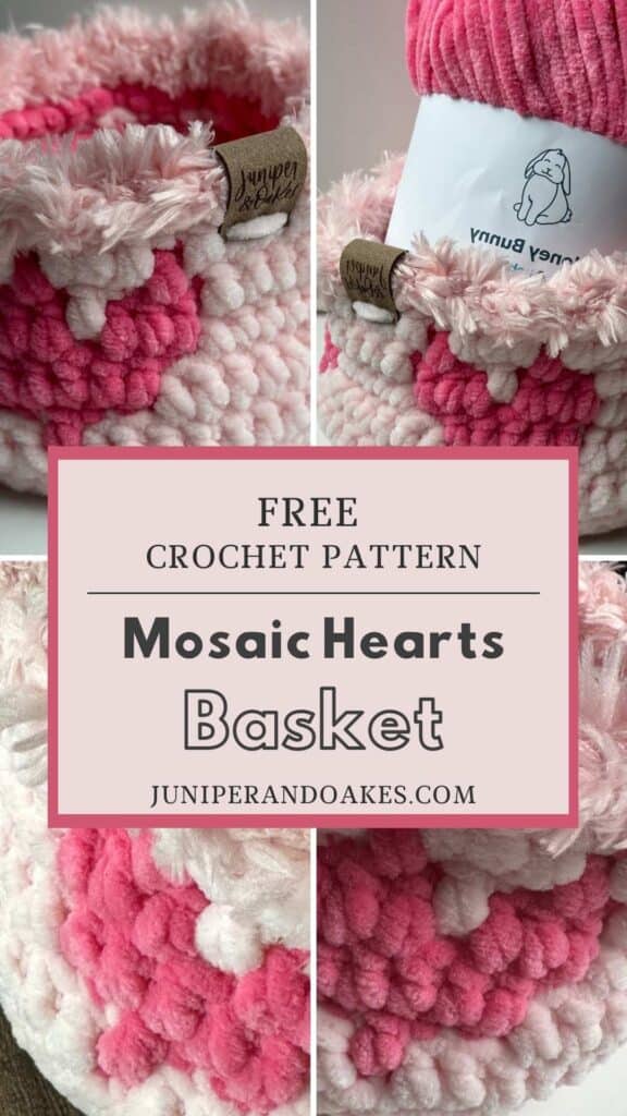 Pink and white crochet basket with mosaic heart pattern, perfect for storage or decor.