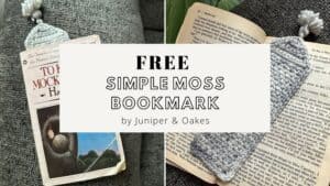Handmade crochet moss bookmark in gray, perfect for book lovers and DIY craft enthusiasts.