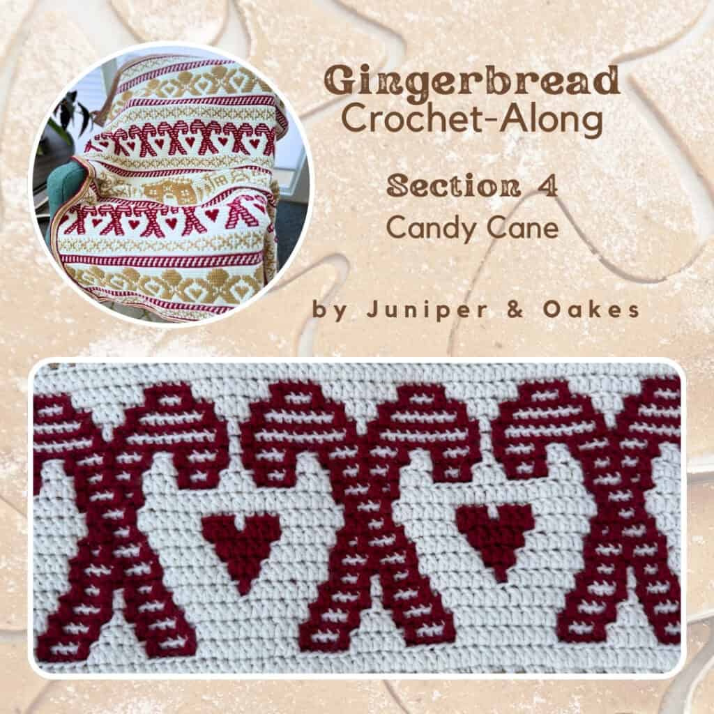 Crocheted gingerbread figures with heart details for holiday blanket project.