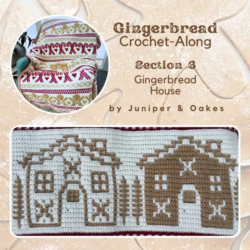 Crocheted gingerbread house blanket with festive design for crochet enthusiasts.