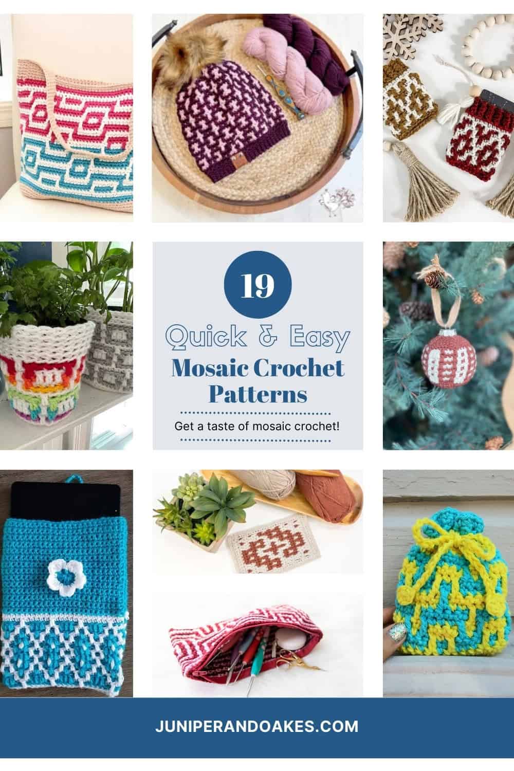 Pin Image with a collage featuring 9 of 19 quick and easy mosaic crochet patterns
