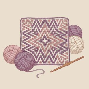 Hand-crocheted starburst pattern washcloth with yarn balls and crochet hook.