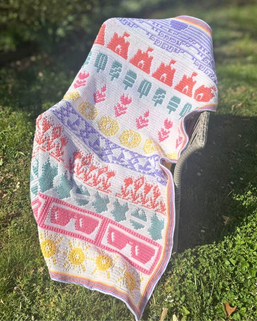 Colorful crochet blanket with summer mosaic design.