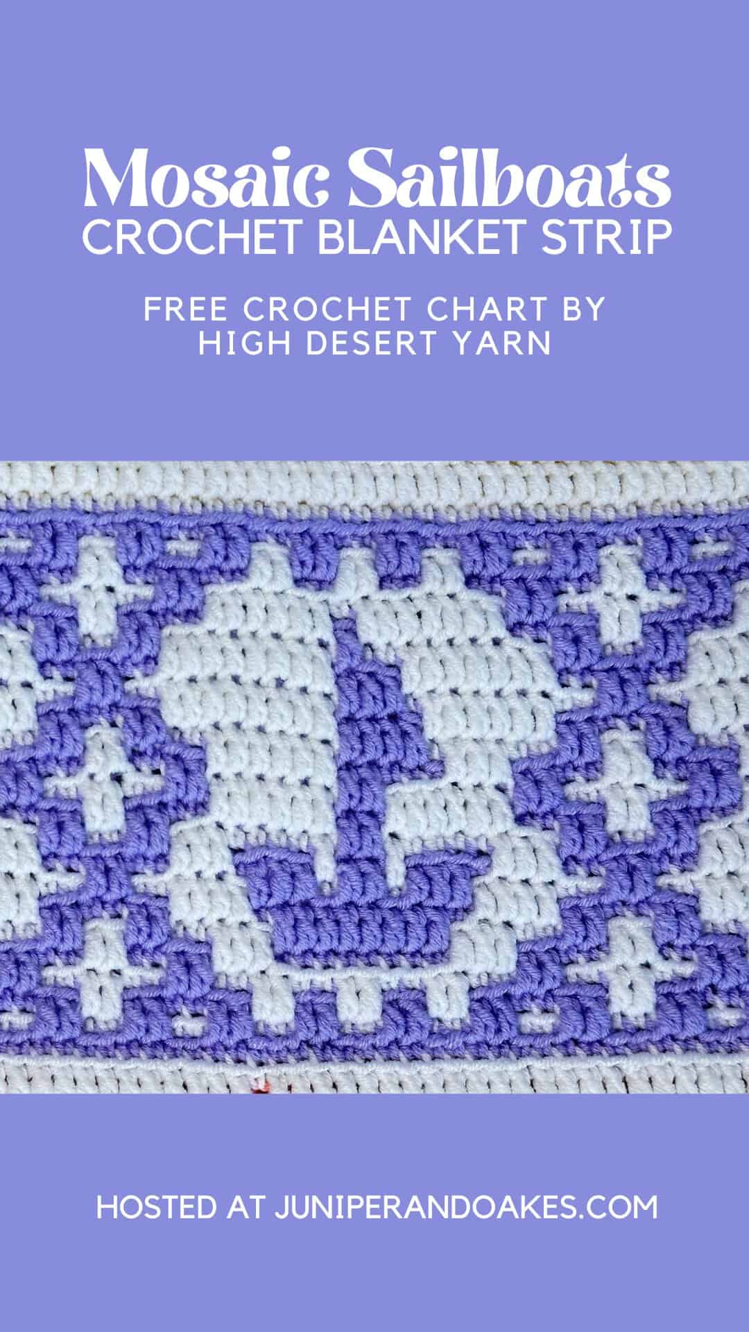 Share this image on Pinterest. Pin image shows a close-up view of a mosaic crochet sailboat design for blanket strips.