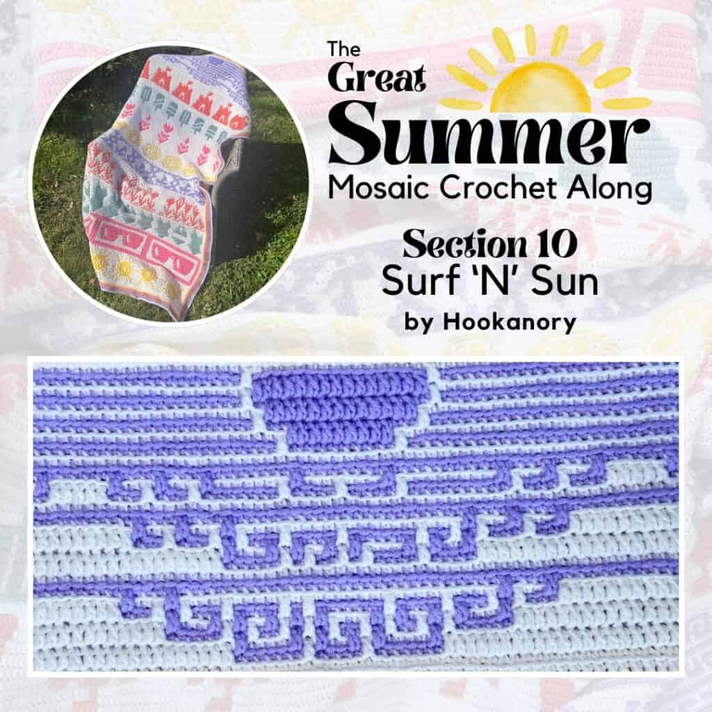 Close-up of a colorful mosaic crochet blanket strip with a sunset over the water in purple and white.