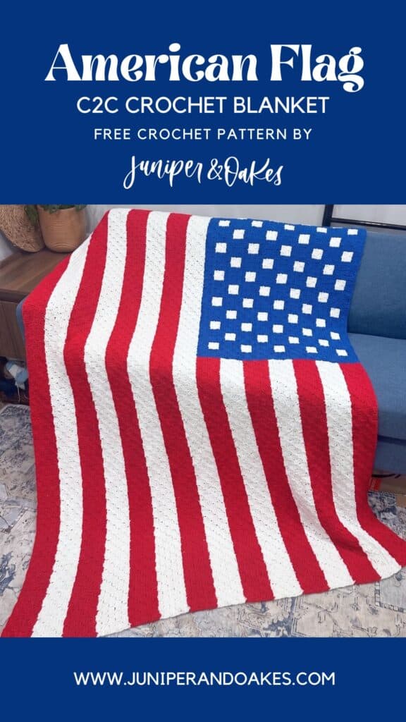 American flag crochet blanket with red, white, and blue stripes and stars.