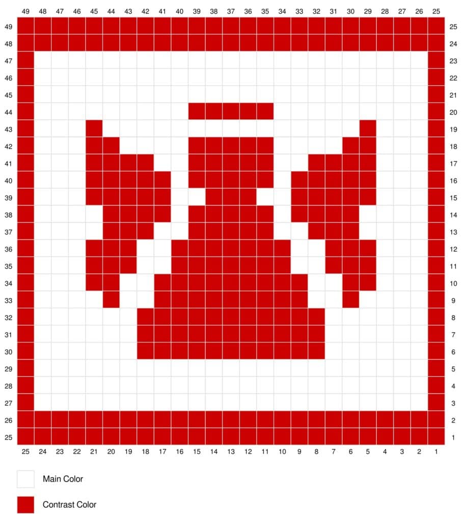 Crochet angel pattern chart with red contrast details on a white background.