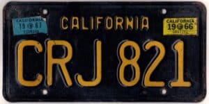 California 1966 1967 car license plate #CRJ-821