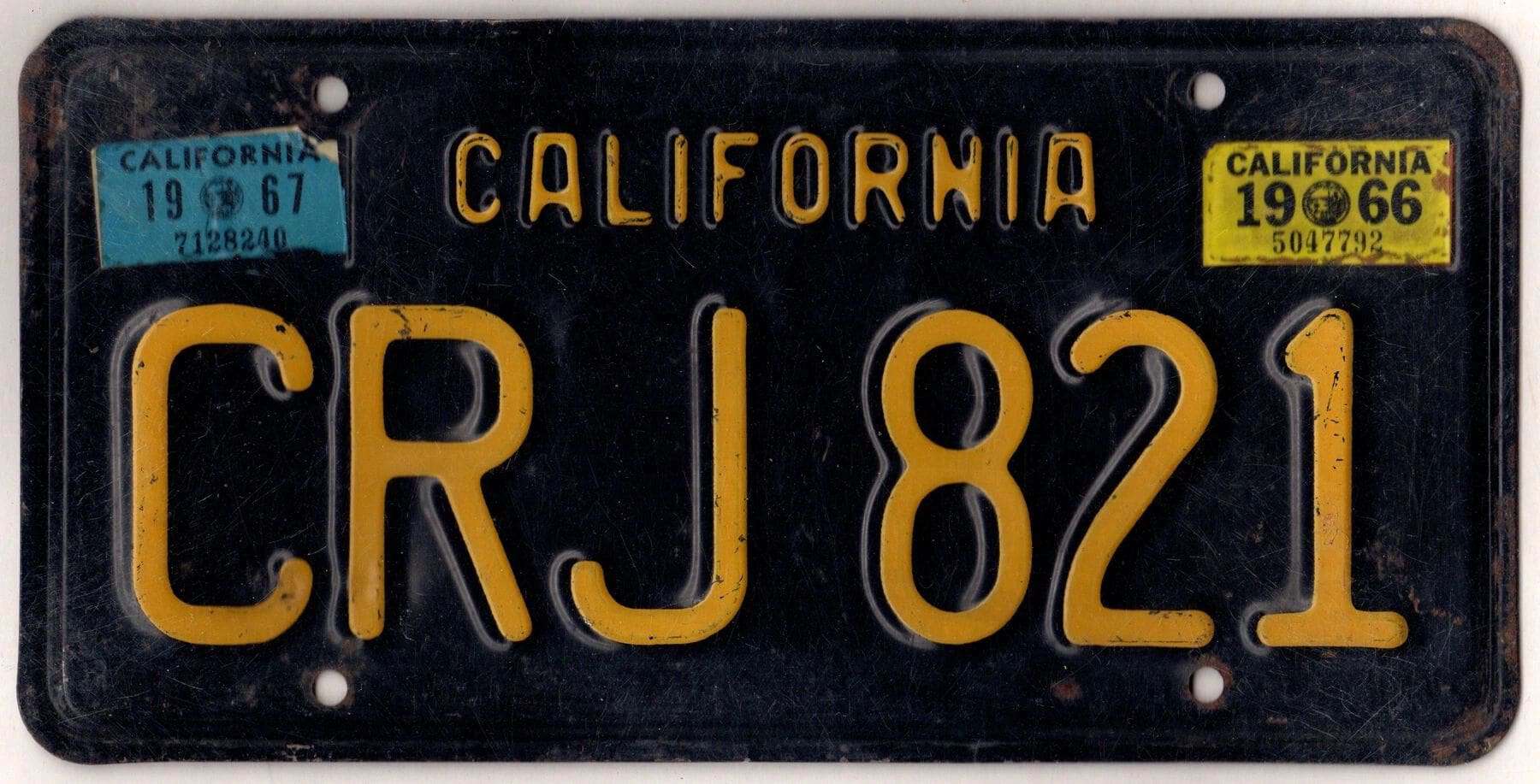 California 1966 1967 car license plate #CRJ-821