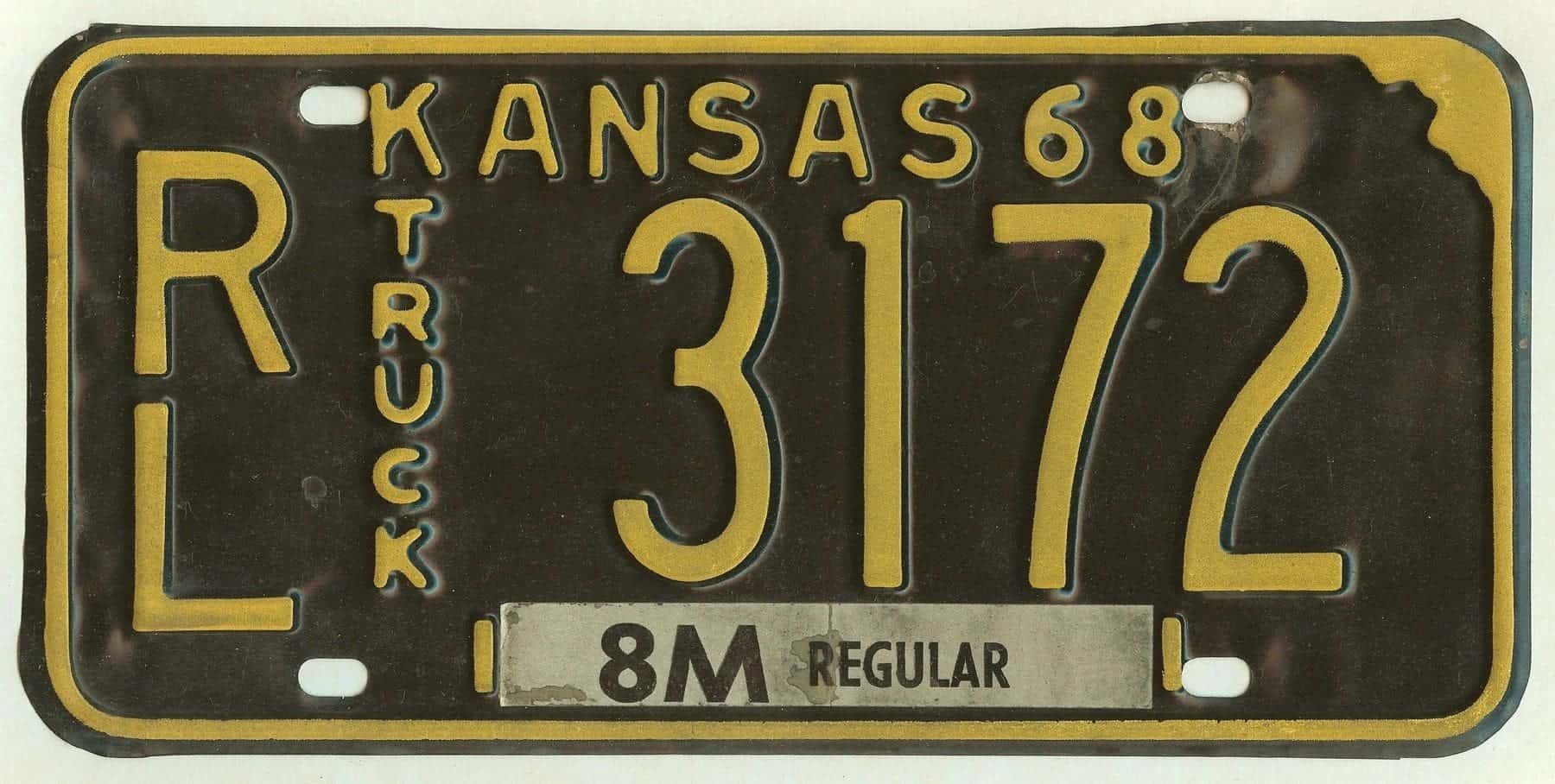 Kansas 1968 truck license plate Riley county #RL-3172